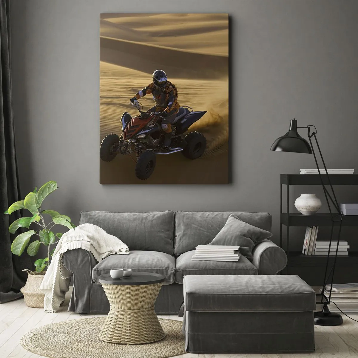 Quadro su tela - Stampe su Tela - Un motociclista su un quad sfreccia tra le dune di sabbia del deserto - 70x100cm - Sulle onde della sabbia - Decorazione murale moderna per soggiorno e camera da letto ARTTOR