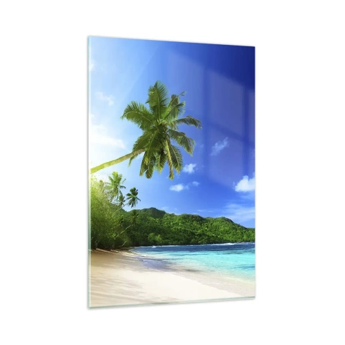 Quadro su vetro - Spiaggia tropicale con palme e mare turchese - 80x120cm - Il lieve tocco dei tropici - Decorazione murale moderna per soggiorno e camera da letto ARTTOR