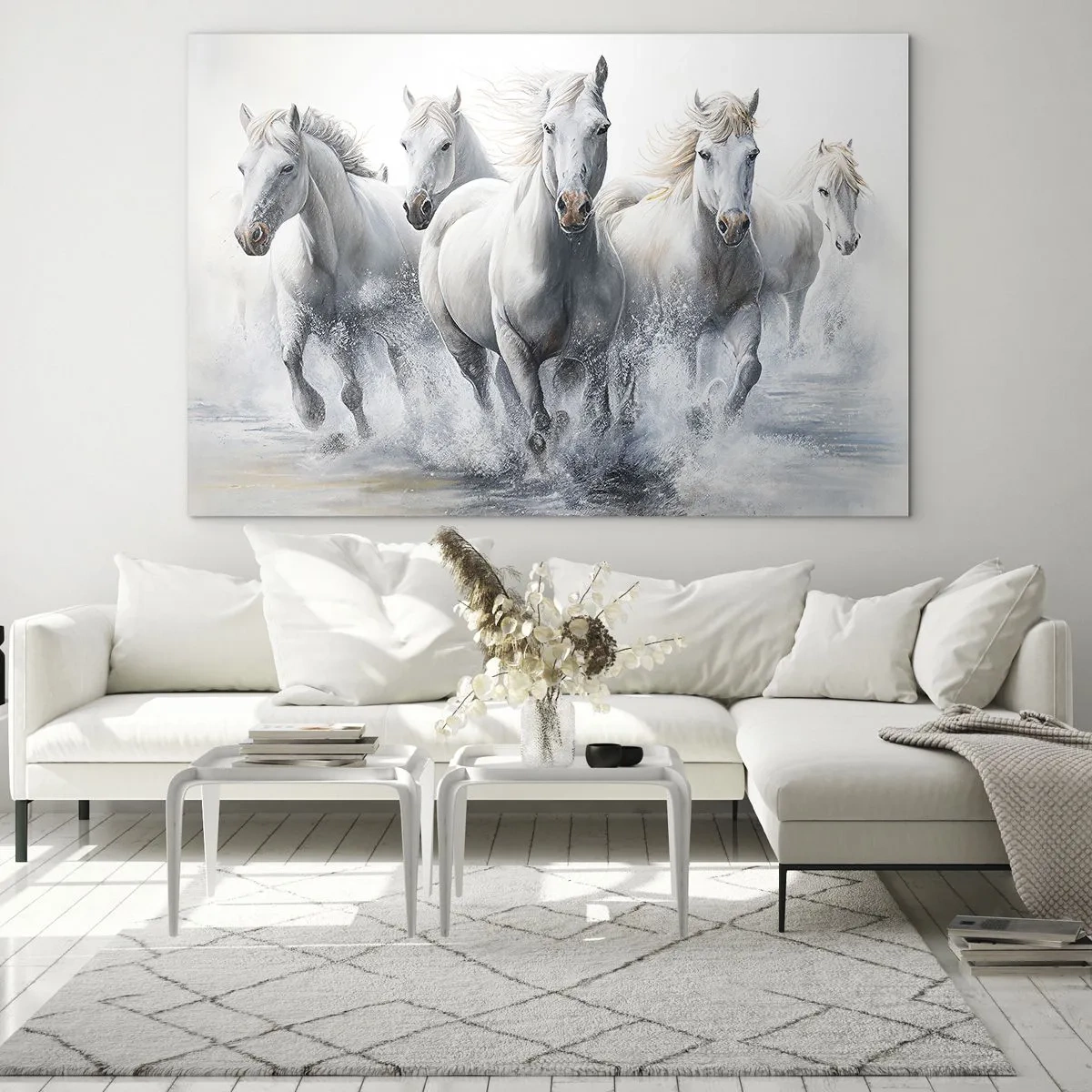 Quadro su vetro - Cavalli bianchi che galoppano nell'acqua in una composizione dinamica - 70x50cm - Magia bianca - Decorazione murale moderna per soggiorno e camera da letto ARTTOR