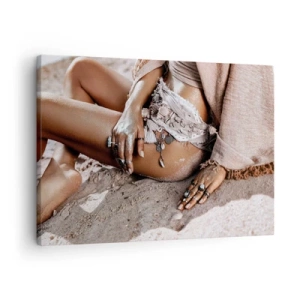 Quadro su tela - Stampe su Tela - Donna boho sulla spiaggia con gioielli - 70x50cm - Gettata dalle onde? - Decorazione murale moderna per soggiorno e camera da letto ARTTOR