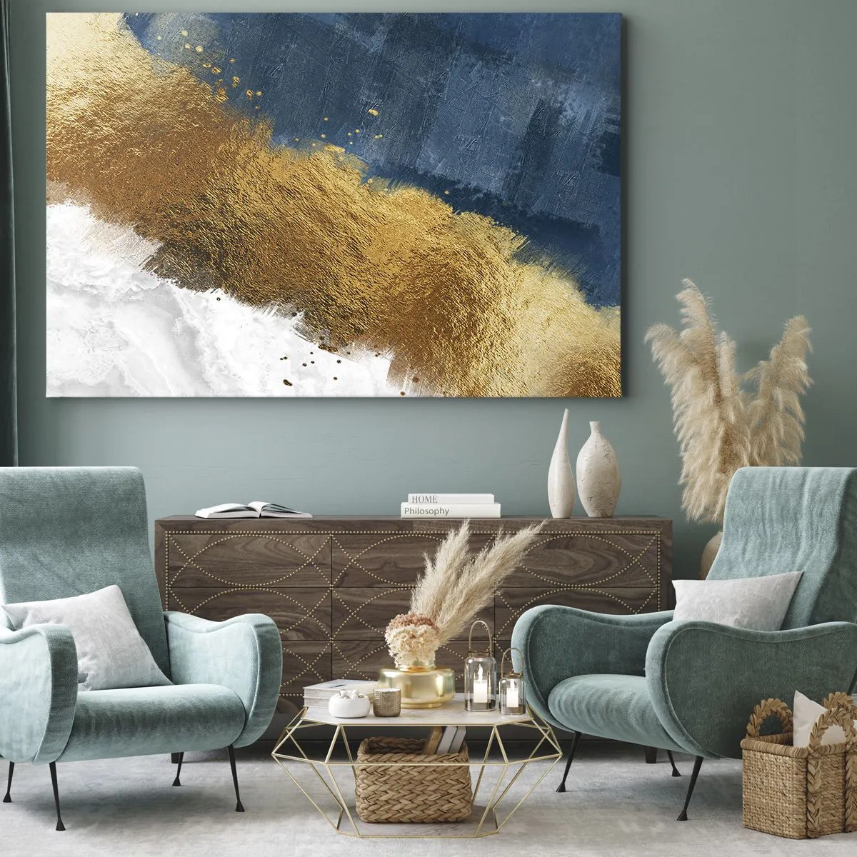 Quadro su tela - Stampe su Tela - Una composizione astratta nei toni dell'oro, del blu e del bianco. - 120x80cm - I colori dell'estate - Decorazione murale moderna per soggiorno e camera da letto ARTTOR