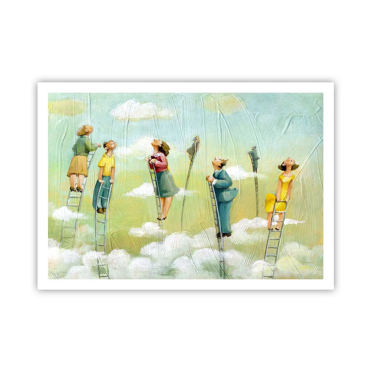 Poster - Figure che salgono scale tra le nuvole su uno sfondo pastello. - 100x70cm - Seguendo i propri sogni - Decorazione murale moderna per soggiorno e camera da letto ARTTOR