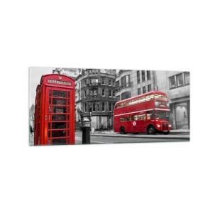 Quadro su vetro - Una cabina telefonica rossa e un autobus a due piani a Londra con la città sullo sfondo - 120x50cm - Il più rosso d'Europa - Decorazione murale moderna per soggiorno e camera da letto ARTTOR