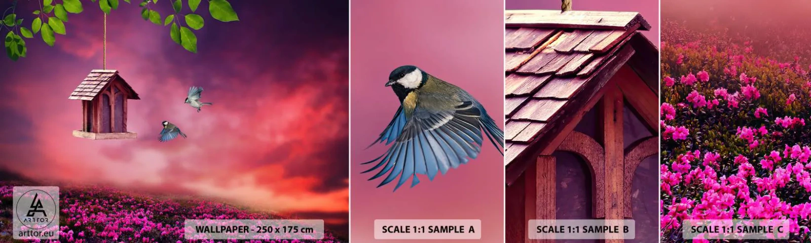 Campione Di Fotomurale Standard Eco - Invito a cena - Paesaggio, Fiori, Casetta per gli uccelli - 100x30 cm