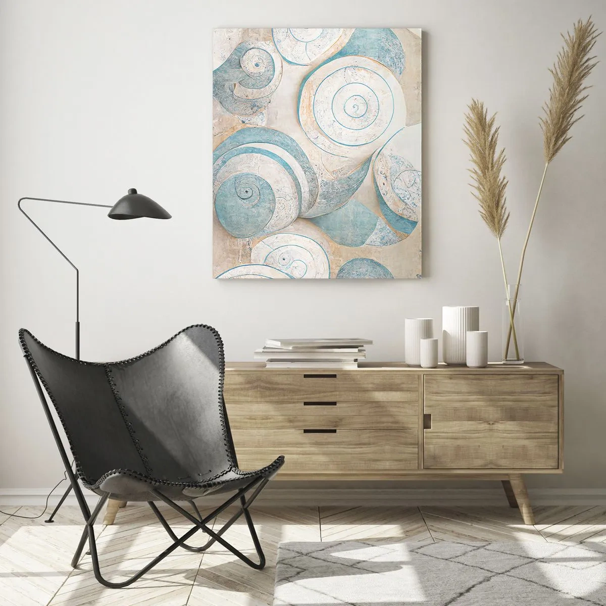Quadro su vetro - Conchiglie astratte in tonalità pastello - 80x120cm - Cosa nasconde la chiocciola? - Decorazione murale moderna per soggiorno e camera da letto ARTTOR