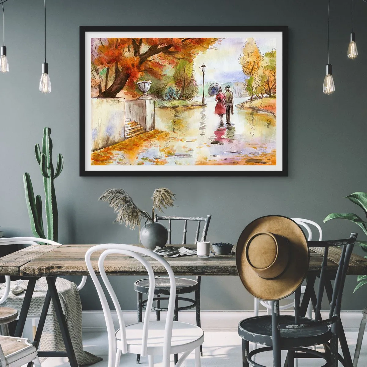 Poster in cornice nera - Una passeggiata nel parco autunnale con l'ombrello - 70x50cm - Autunno romantico nel parco - Decorazione murale moderna per soggiorno e camera da letto ARTTOR