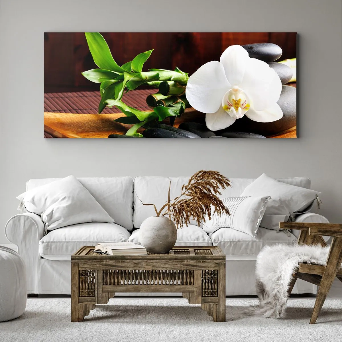 Quadro su tela - Stampe su Tela - Orchidea bianca con bambù su sfondo di pietra in stile Zen - 120x50cm - Lasciati toccare dalla natura - Decorazione murale moderna per soggiorno e camera da letto ARTTOR