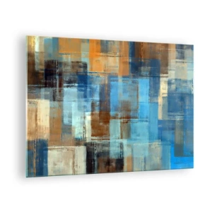 Quadro su vetro - Composizione geometrica astratta nei toni del blu e del marrone - 70x50cm - Attraverso la tenda blu - Decorazione murale moderna per soggiorno e camera da letto ARTTOR