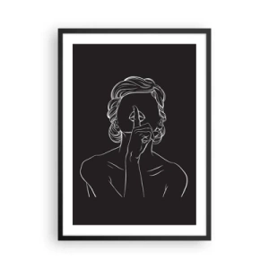 Poster in cornice nera - Illustrazione minimalista di una donna che fa il gesto del silenzio su sfondo nero. - 50x70cm - Il bello emerge nel silenzio - Decorazione murale moderna per soggiorno e camera da letto ARTTOR