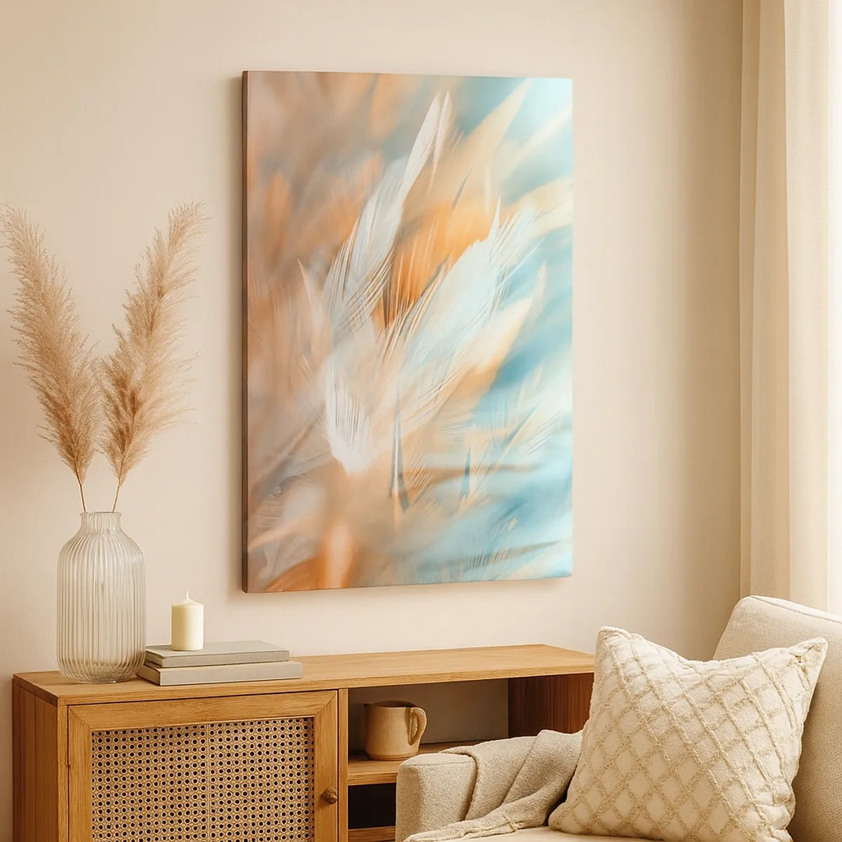 Quadro su tela - Stampe su Tela - Delicate piume nei toni pastello del blu e dell'arancione - 50x70cm - Nel paese della mitezza - Decorazione murale moderna per soggiorno e camera da letto ARTTOR
