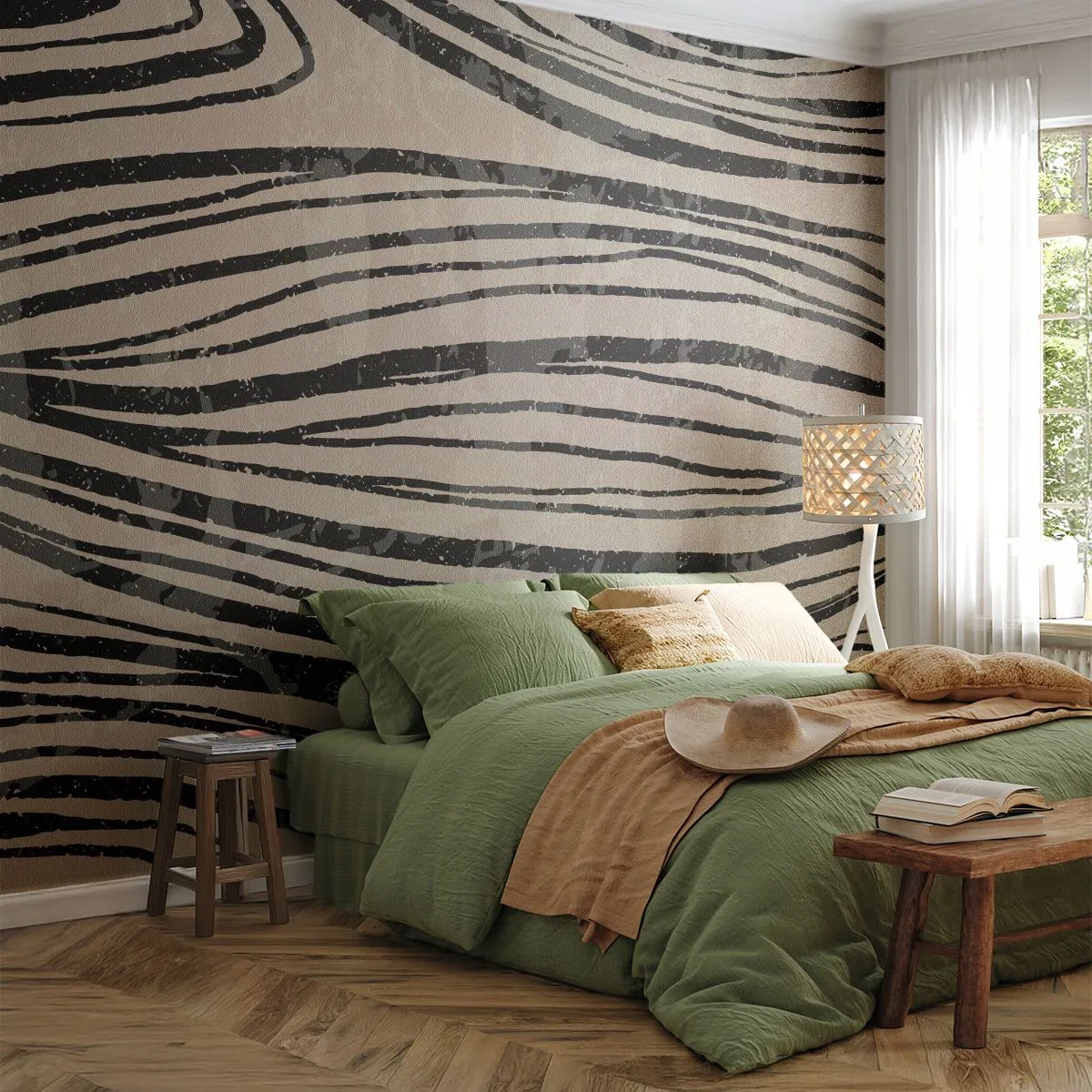 Fotomurali Premium Sand - Linee astratte nei toni del nero su sfondo beige - 100x70cm - Una palude di linee - Decorazione murale moderna per soggiorno e camera da letto ARTTOR