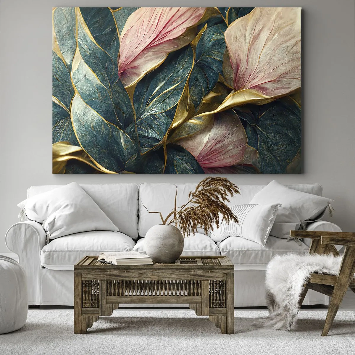 Quadro su tela - Stampe su Tela - Eleganti foglie in verde, oro e rosa - 120x80cm - Stile ed eleganza naturali - Decorazione murale moderna per soggiorno e camera da letto ARTTOR
