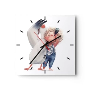 Orologio da parete - Orologio in Vetro - Illustrazione di un bambino con un pellicano e un telescopio in mano - 30x30cm - Il progetto di un grande viaggio - Decorazione murale moderna per soggiorno e camera da letto ARTTOR