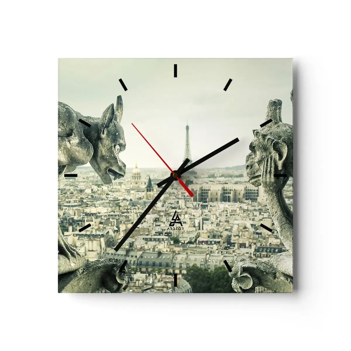 Orologio da parete - Orologio in Vetro - Gargoyle che dominano lo skyline di Parigi e la Torre Eiffel - 30x30cm - Chiacchierate parigine - Decorazione murale moderna per soggiorno e camera da letto ARTTOR