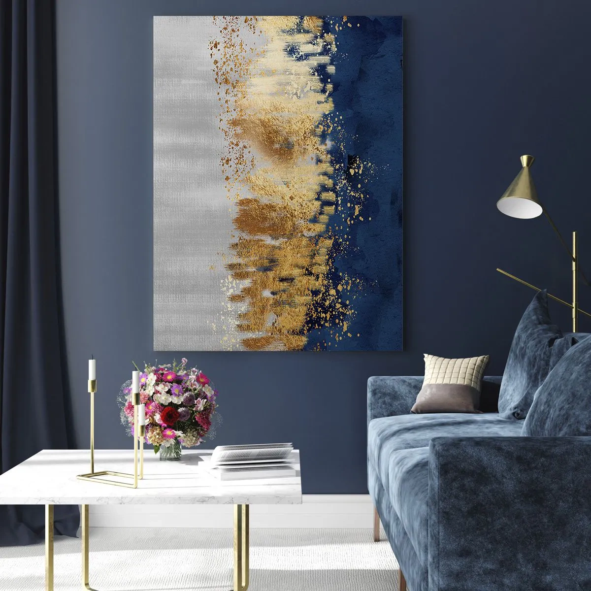 Quadro su vetro - Accenti dorati su sfondo blu navy e argento - 50x70cm - Composizione moderna con bagliore - Decorazione murale moderna per soggiorno e camera da letto ARTTOR