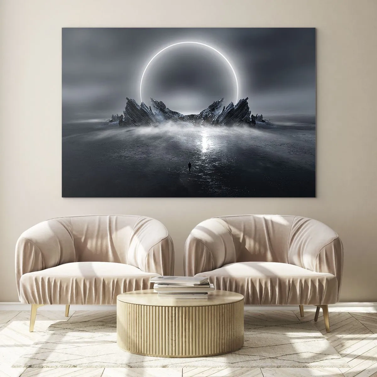 Quadro su vetro - Scena scura con eclissi e isola rocciosa - 120x80cm - La fine del racconto - Decorazione murale moderna per soggiorno e camera da letto ARTTOR