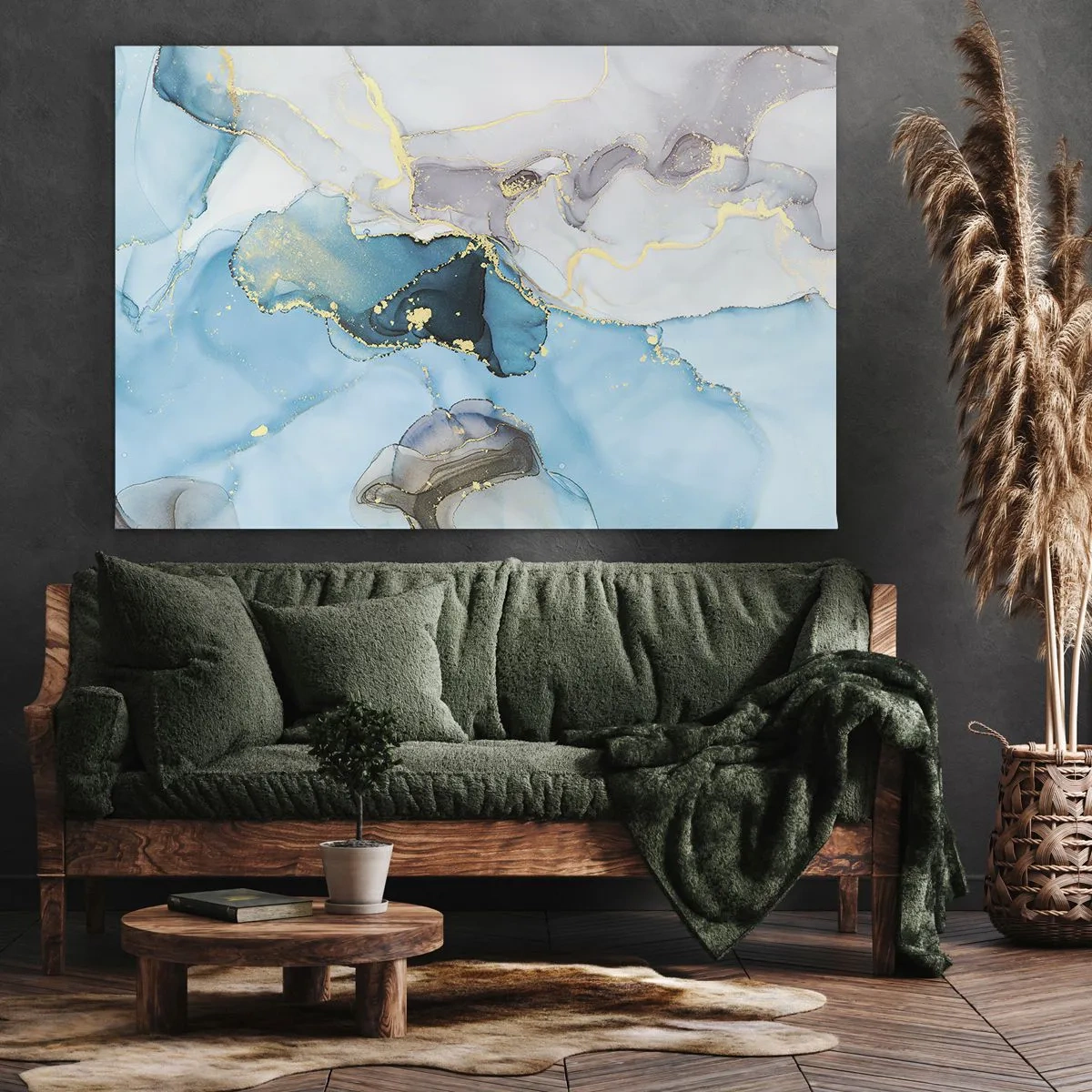 Quadro su tela - Stampe su Tela - Astrazione nei toni del blu e dell'oro con linee sottili - 120x80cm - Studio di incontro tra grigio e turchese - Decorazione murale moderna per soggiorno e camera da letto ARTTOR