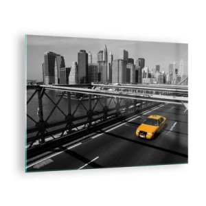 Quadro su vetro - Un taxi giallo su un ponte che domina Manhattan - 70x50cm - Il colore della grande città - Decorazione murale moderna per soggiorno e camera da letto ARTTOR