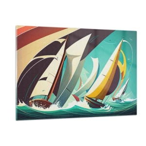 Quadro su vetro - Illustrazione in stile retrò di barche a vela in un mare in tempesta - 120x80cm - Compagne degli elementi - Decorazione murale moderna per soggiorno e camera da letto ARTTOR