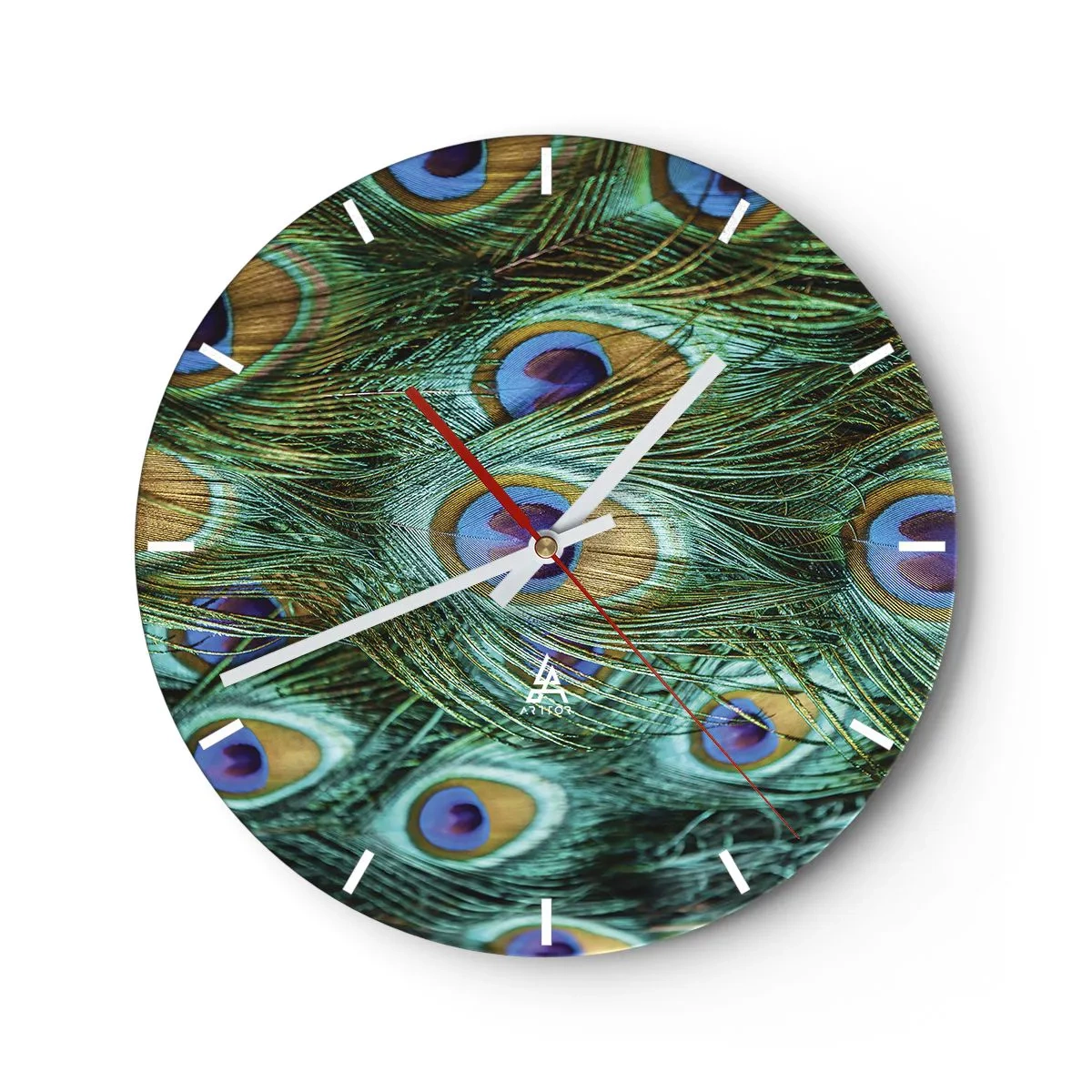 Orologio da parete - Orologio in Vetro - Piume di pavone nelle tonalità del verde e del blu - 30x30cm - Lo sguardo del pavone - Decorazione murale moderna per soggiorno, cucina e camera da letto ARTTOR