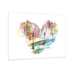 Quadro su vetro - Romantiche case popolari con un ponte a forma di cuore, acquerello - 100x70cm - Il cuore della città - Decorazione murale moderna per soggiorno e camera da letto ARTTOR