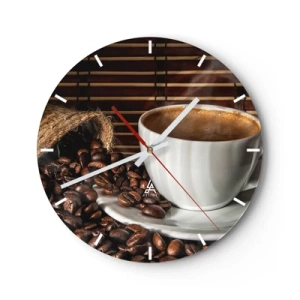 Orologio da parete - Orologio in Vetro - Una tazza di caffè e chicchi sparsi su uno sfondo di bambù - 30x30cm - Nero del carbone, trasparenza dell'ambra - Decorazione murale moderna per soggiorno, cucina e camera da letto ARTTOR