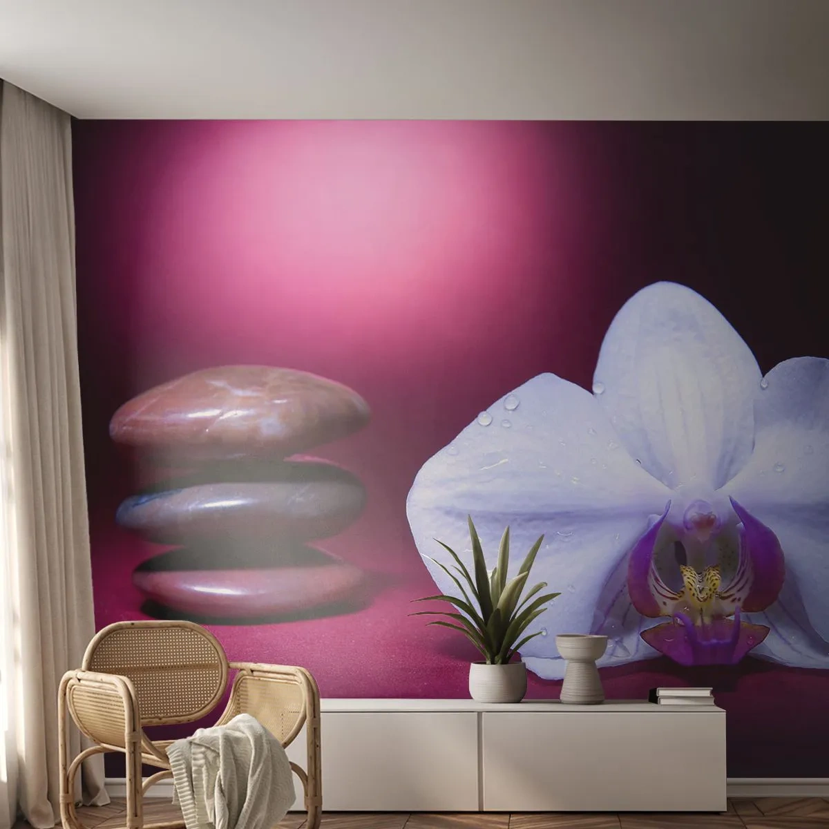Fotomurali Standard Eco - Orchidea bianca e pietre su sfondo viola - 100x70cm - Studio di freschezza in viola - Decorazione murale moderna per soggiorno e camera da letto ARTTOR
