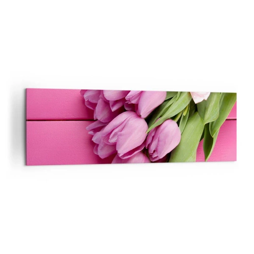 Quadro su tela - Stampe su Tela - Un mazzo di tulipani rosa con un fiocco su uno sfondo rosa - 160x50cm - Proprio per te - Decorazione murale moderna per soggiorno e camera da letto ARTTOR
