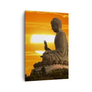 Quadro su tela - Stampe su Tela - Una statua buddista sullo sfondo di un tramonto arancione - 70x100cm - Senza paura davanti al mondo - Decorazione murale moderna per soggiorno e camera da letto ARTTOR