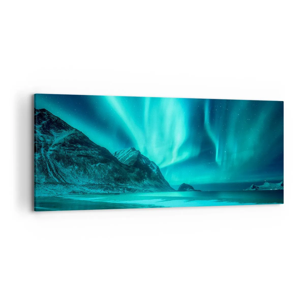 Quadro su tela - Stampe su Tela - Aurora boreale su un paesaggio invernale montuoso - 120x50cm - Miracolo del Nord - Decorazione murale moderna per soggiorno e camera da letto ARTTOR