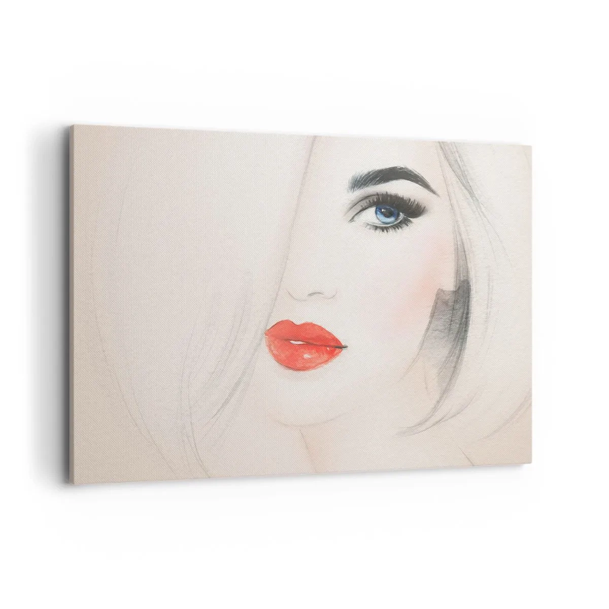 Quadro su tela - Stampe su Tela - Un ritratto minimalista di una donna con occhi azzurri e labbra rosse. - 120x80cm - Ipnotizza e inebria - Decorazione murale moderna per soggiorno e camera da letto ARTTOR