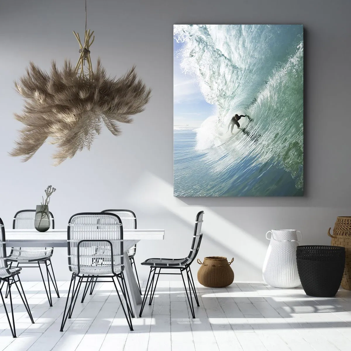 Quadro su tela - Stampe su Tela - Un surfista cavalca un'onda alla luce del sole contro un cielo blu - 80x120cm - Sempre sull'onda - Decorazione murale moderna per soggiorno e camera da letto ARTTOR