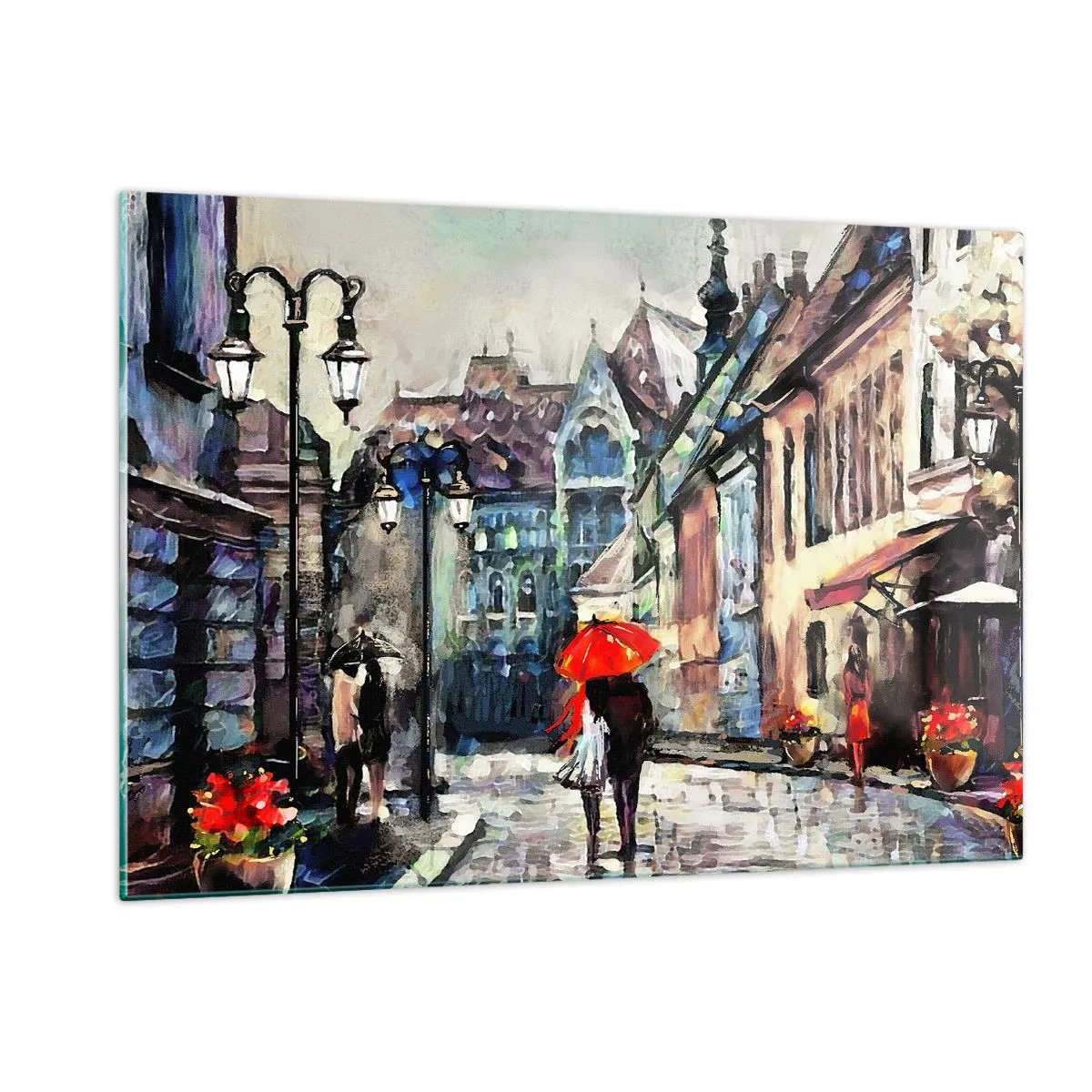 Quadro su vetro - Una coppia sotto un ombrello rosso passeggia lungo una strada pittoresca - 120x80cm - Pioggia per due - Decorazione murale moderna per soggiorno e camera da letto ARTTOR
