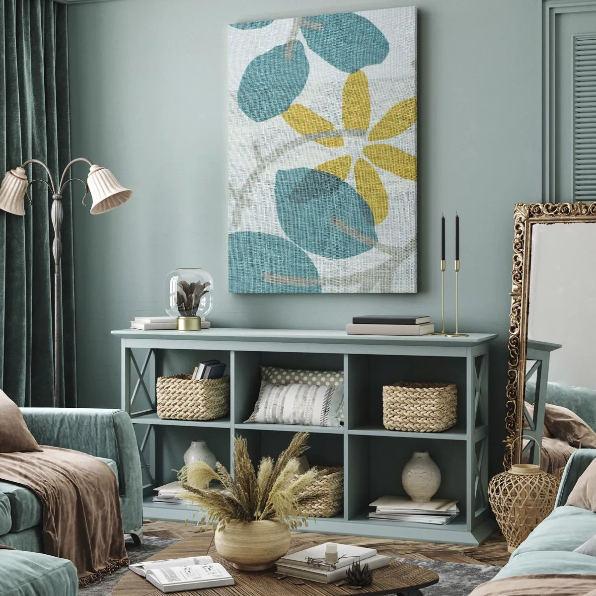 Quadro su tela - Stampe su Tela - Tra le foglie azzurre - 45x80 cm