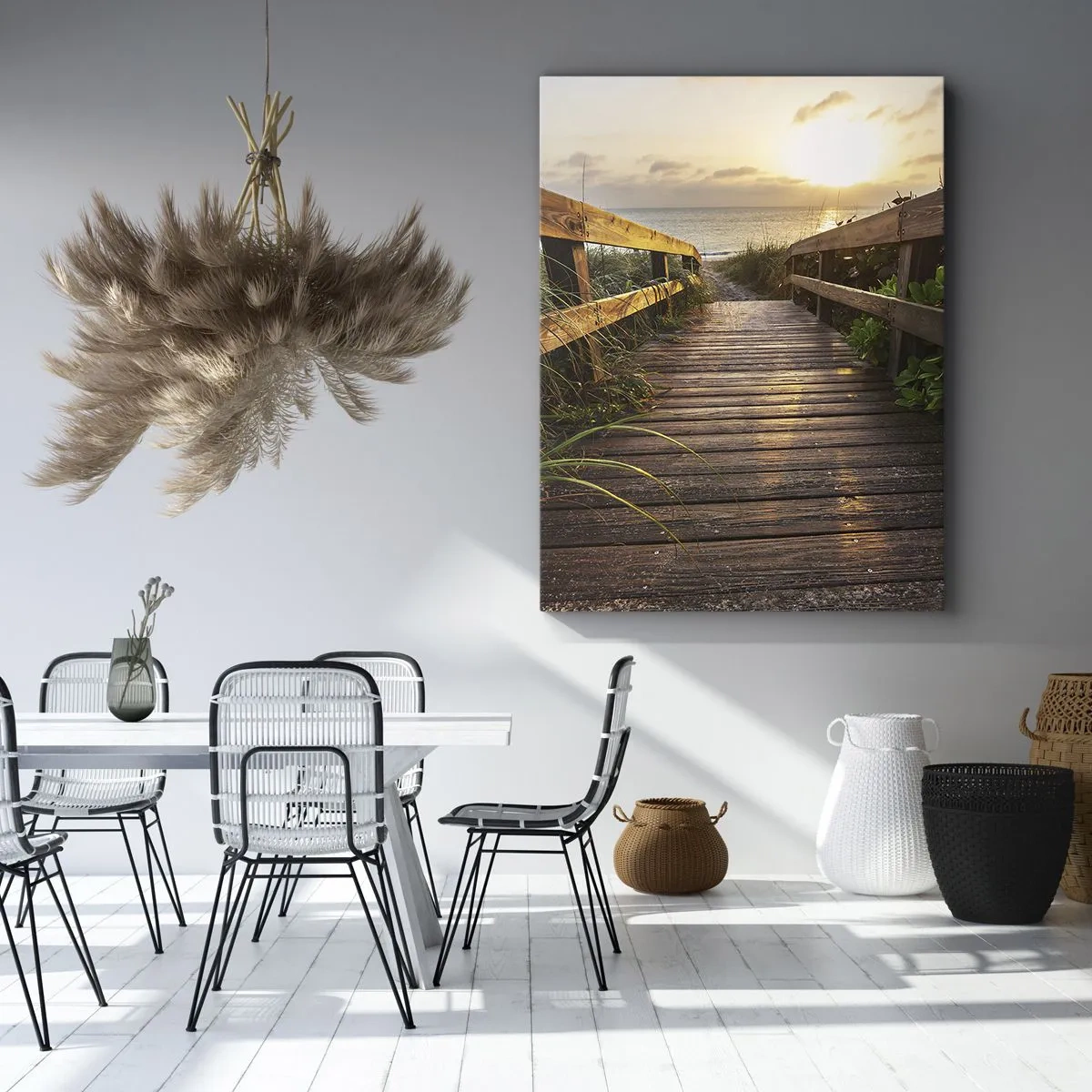 Quadro su tela - Stampe su Tela - Molo di legno che conduce alla spiaggia al tramonto - 50x70cm - Dritto verso la riva - Decorazione murale moderna per soggiorno e camera da letto ARTTOR