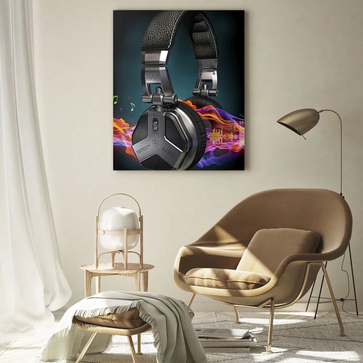 Quadro su vetro - Cuffie da DJ con onde sonore colorate e note musicali - 50x70cm - Nel fuoco della musica - Decorazione murale moderna per soggiorno e camera da letto ARTTOR
