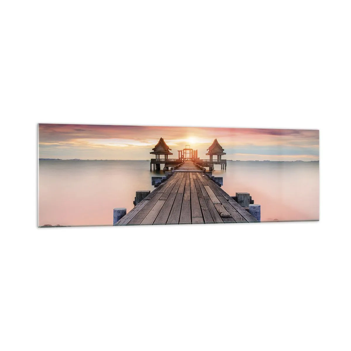 Quadro su vetro - Molo di legno che conduce ai gazebo al tramonto - 160x50cm - Tramonto d'oriente - Decorazione murale moderna per soggiorno e camera da letto ARTTOR