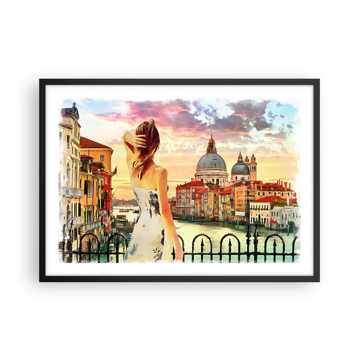 Poster in cornice nera - Una donna ammira il pittoresco paesaggio lungo il canale - 70x50cm - Se un'avventura allora solo a... - Decorazione murale moderna per soggiorno e camera da letto ARTTOR
