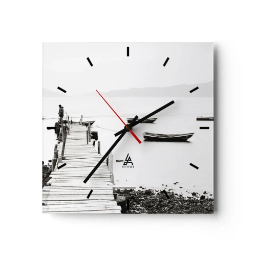 Orologio da parete - Orologio in Vetro - Molo di legno e barche in acque calme - 30x30cm - Sull'acqua silenziosa e pura - Decorazione murale moderna per soggiorno e camera da letto ARTTOR