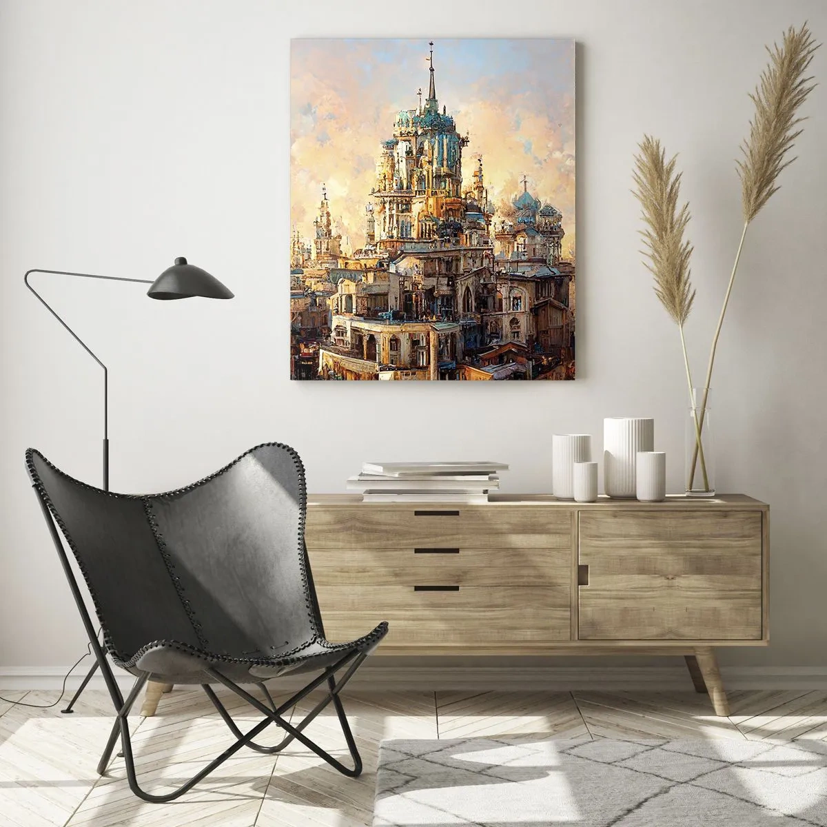 Quadro su vetro - Un fantastico panorama della città con torri e palazzi - 50x70cm - La città delle città - Decorazione murale moderna per soggiorno e camera da letto ARTTOR
