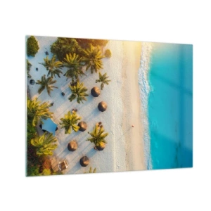 Quadro su vetro - Vista aerea di una spiaggia tropicale con palme e ombrelloni - 70x50cm - Benvenuti in paradiso - Decorazione murale moderna per soggiorno e camera da letto ARTTOR