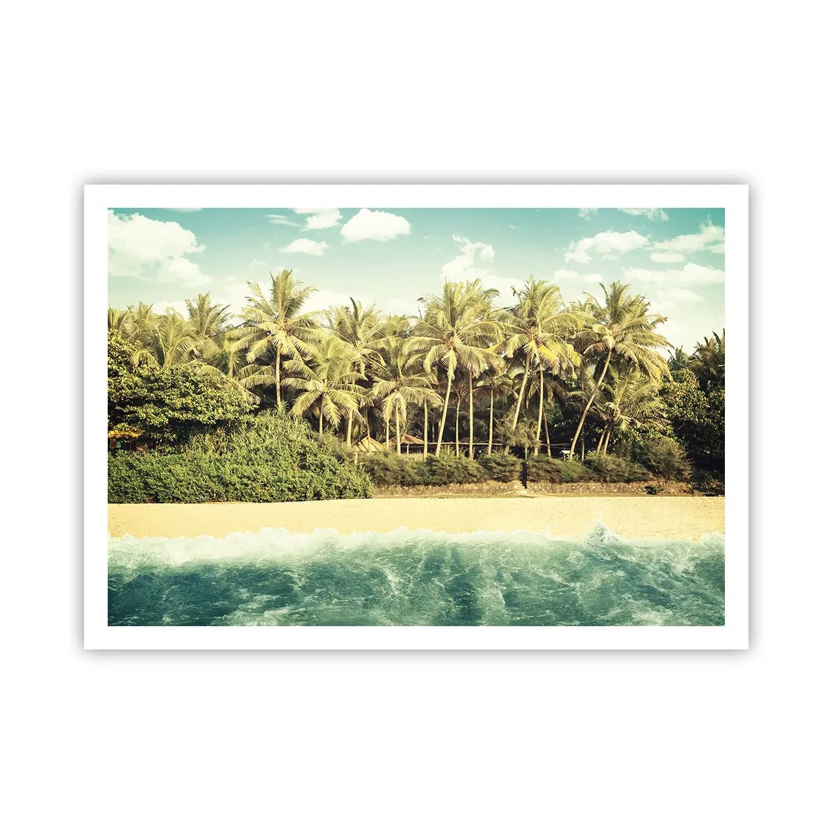 Poster - Spiaggia tropicale con palme e mare turchese - 100x70cm - Forse qui? - Decorazione murale moderna per soggiorno e camera da letto ARTTOR