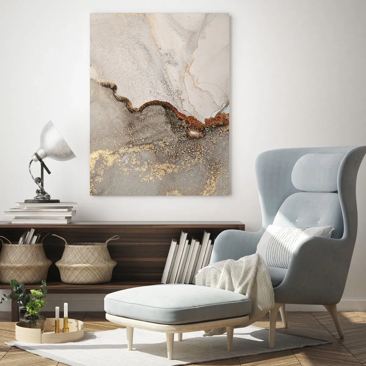 Quadro su vetro - Motivo astratto con sfumature di oro e grigio - 80x120cm - Ai confini del colore - Decorazione murale moderna per soggiorno e camera da letto ARTTOR