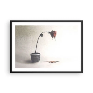 Poster in cornice nera - Una rosa rossa in un vaso con gocce di tintura su uno sfondo bianco - 70x50cm - Rosa dolorosa - Decorazione murale moderna per soggiorno e camera da letto ARTTOR