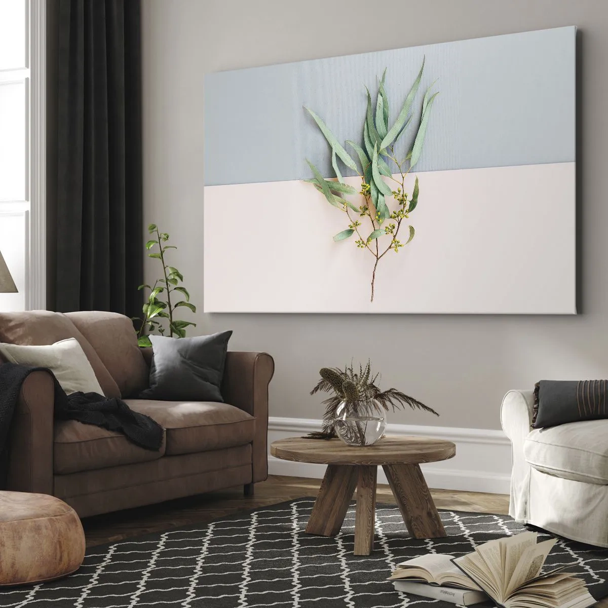 Quadro su tela - Stampe su Tela - Un ramo con foglie su uno sfondo di tonalità pastello - 120x80cm - Delicatezza pastello - Decorazione murale moderna per soggiorno e camera da letto ARTTOR