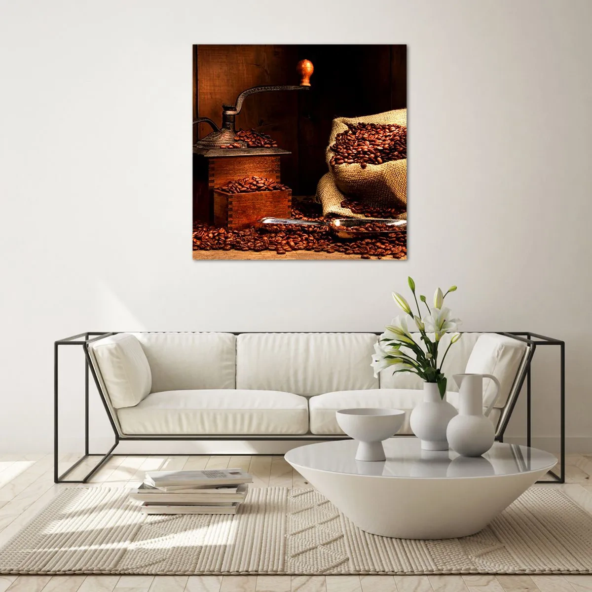Quadro su vetro - Natura morta con chicchi di caffè e macinino - 30x30 cm