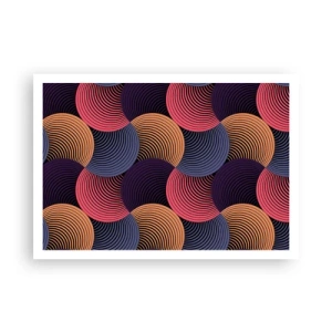 Poster - Cerchi geometrici nelle tonalità del rosa, viola e oro - 100x70cm - Al ritmo delle sfere - Decorazione murale moderna per soggiorno e camera da letto ARTTOR