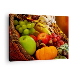 Quadro su tela - Stampe su Tela - Un cesto di frutta, zucche e mais su uno sfondo di colori autunnali. - 70x50cm - Cesta dell'abbondanza - Decorazione murale moderna per soggiorno e camera da letto ARTTOR