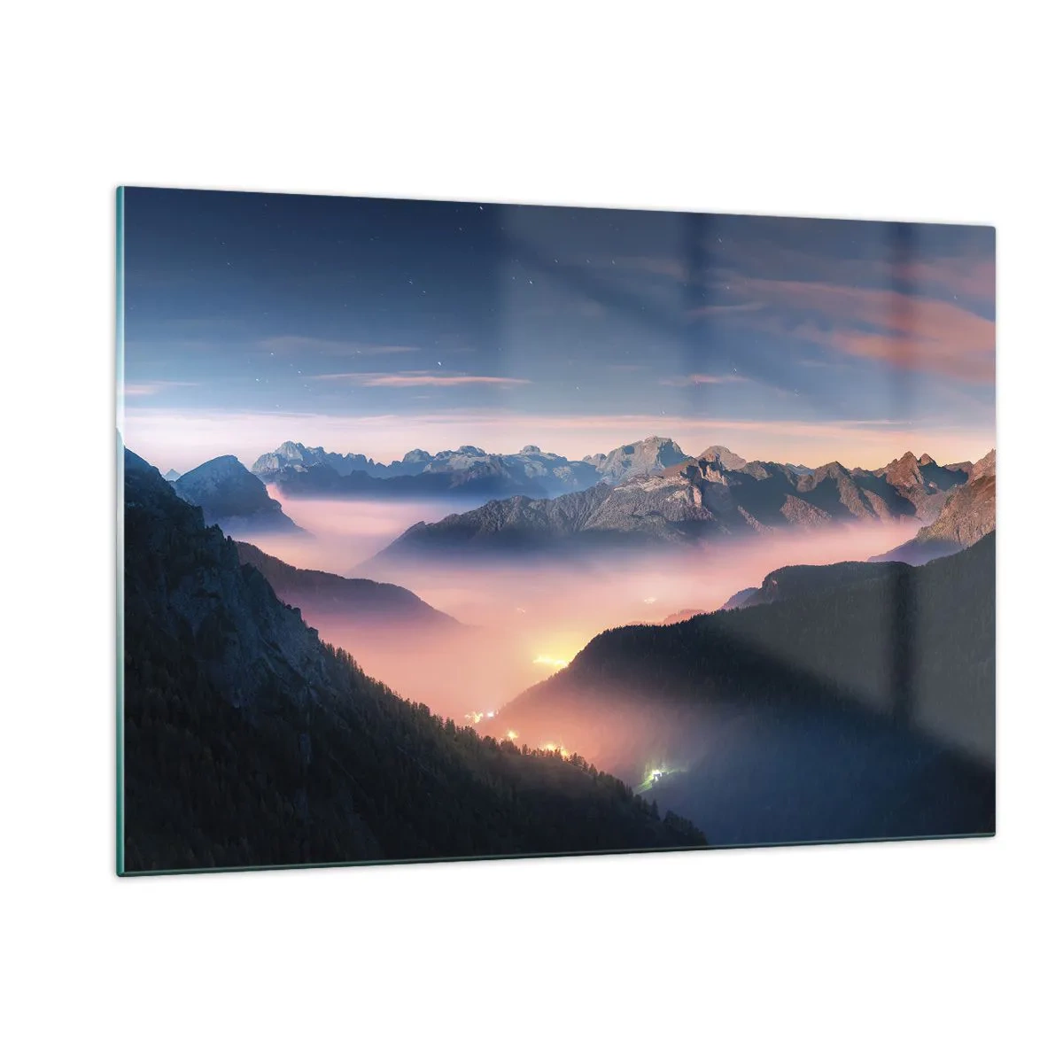 Quadro su vetro - Paesaggio montano al tramonto con nebbia nella valle - 120x80cm - La luce nelle valli - Decorazione murale moderna per soggiorno e camera da letto ARTTOR