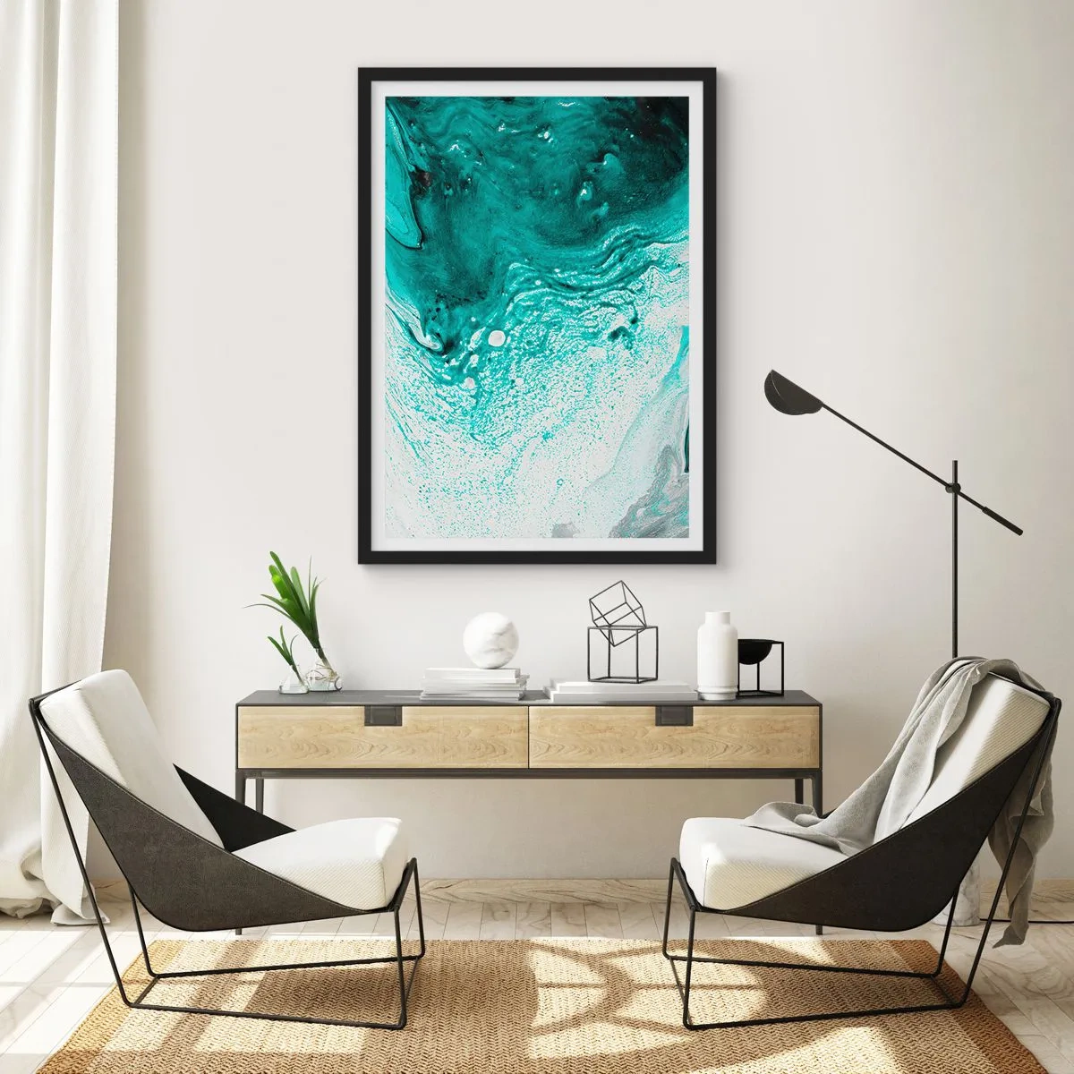 Poster in cornice nera - Sciogliendosi nel bianco e nel turchese - 40x50 cm